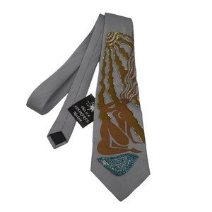 Silver Gray Silk Necktie with Beaded Gold‎ Aquarius, Sun Water, Novelty Tie, NWT